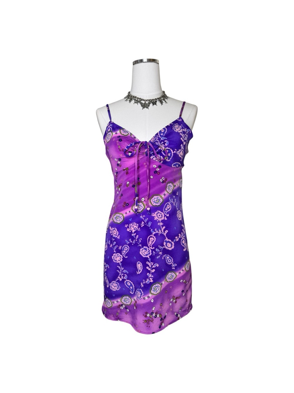 Y2K Lushouse Purple Paisley Satin Floral Mini Dress Size Small